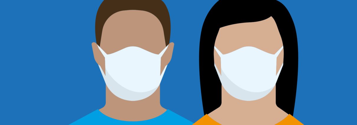 Graphic design of two people facing the camera wearing masks.
