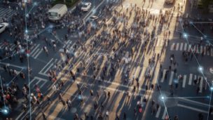 ai generated image aerial view of busy street with people crossing